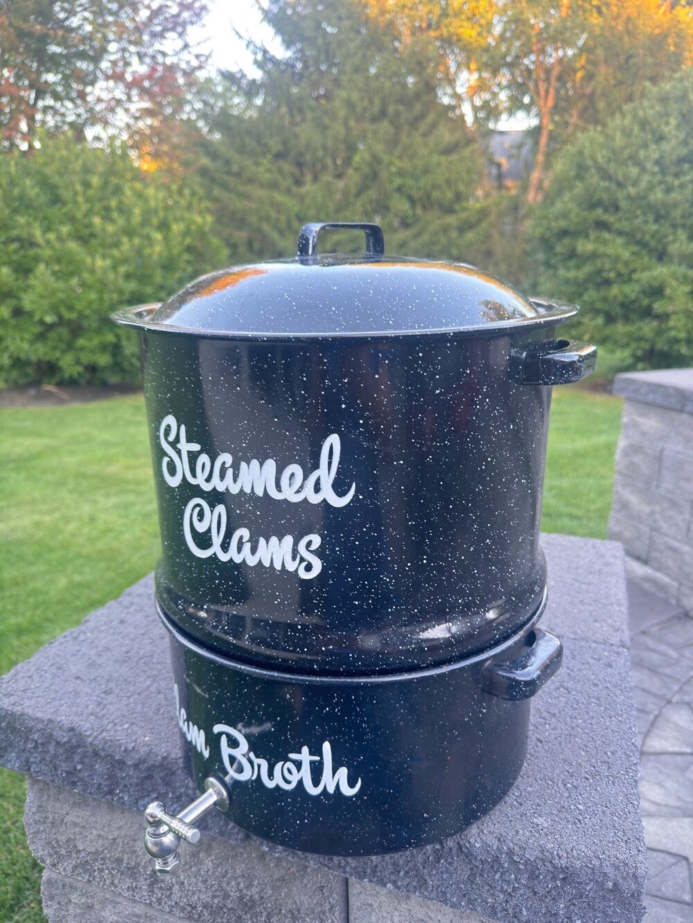 Speckled Enamel Black Double Steam Pot 16” Lobster Clam Broth Spigot - 3 Pc Set